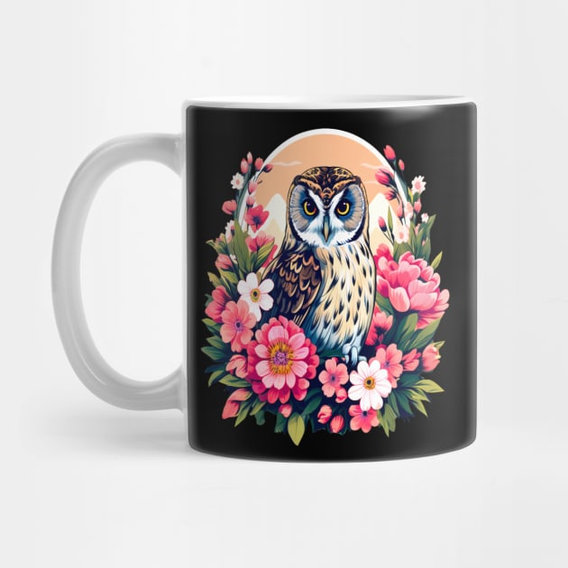 A Cute Short Eared Owl Surrounded by Bold Vibrant Spring Flowers by BirdsnStuff